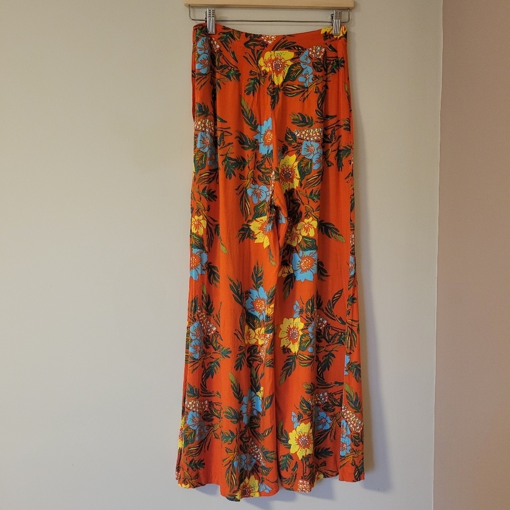 Free People Blue Horizon Wide Leg Flowy Tropical Boho Orange Floral Pants Size 4 - Picture 3 of 9